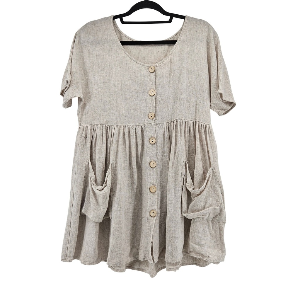 Lagenlook Oatmeal Linen Blend Babydoll Tunic Top Pockets Small‎ Oversized